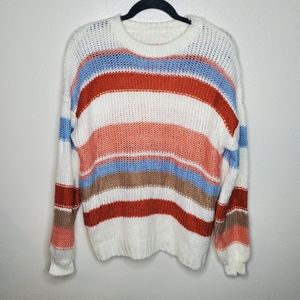 Chunky Knit Sweater Multicolor Stripe Drop Shoulder Crewneck Pull Over XL